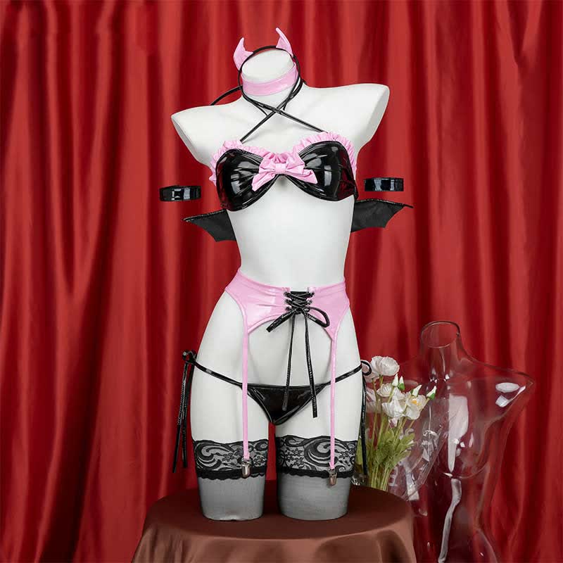 Cosplay Little Devil Colorblock PU Bikini Lingerie Set
