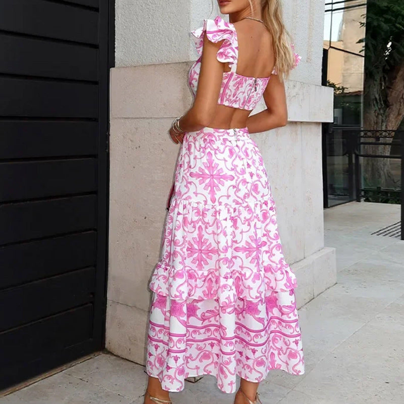 Summer Printed Hollow Length Dress with Padded Shoulders for Women
