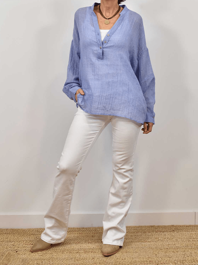 Women's Solid Color V-Neck Lace Splicing Design Casual Cotton And Linen Shirt
