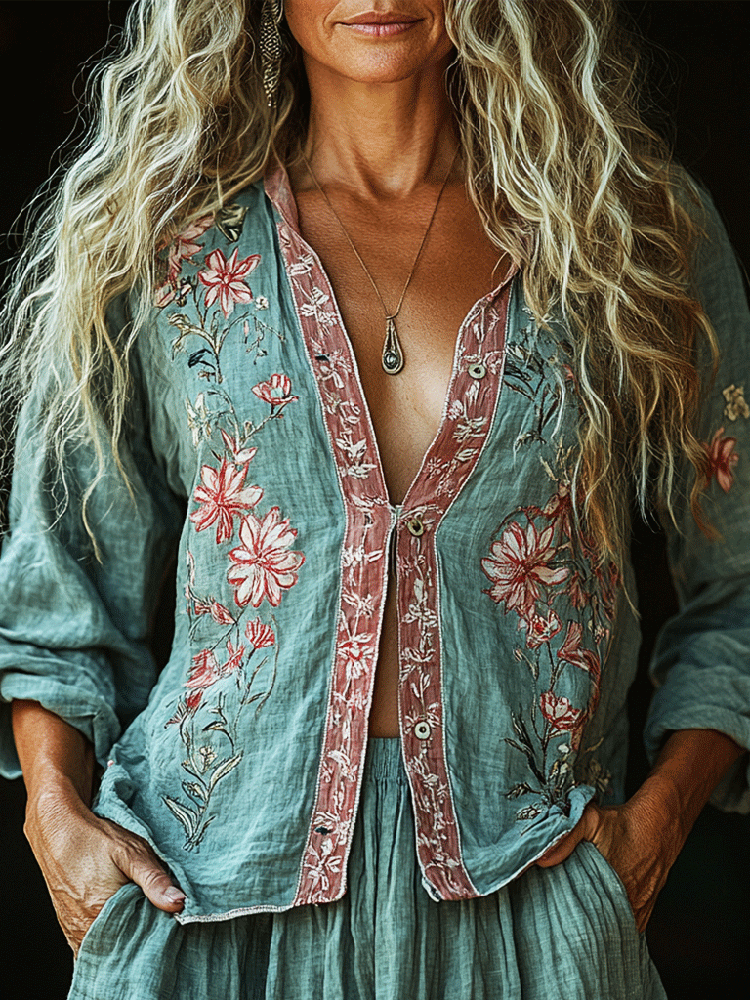 Bohemian Linen Floral Art Print  Long Sleeve Shirt