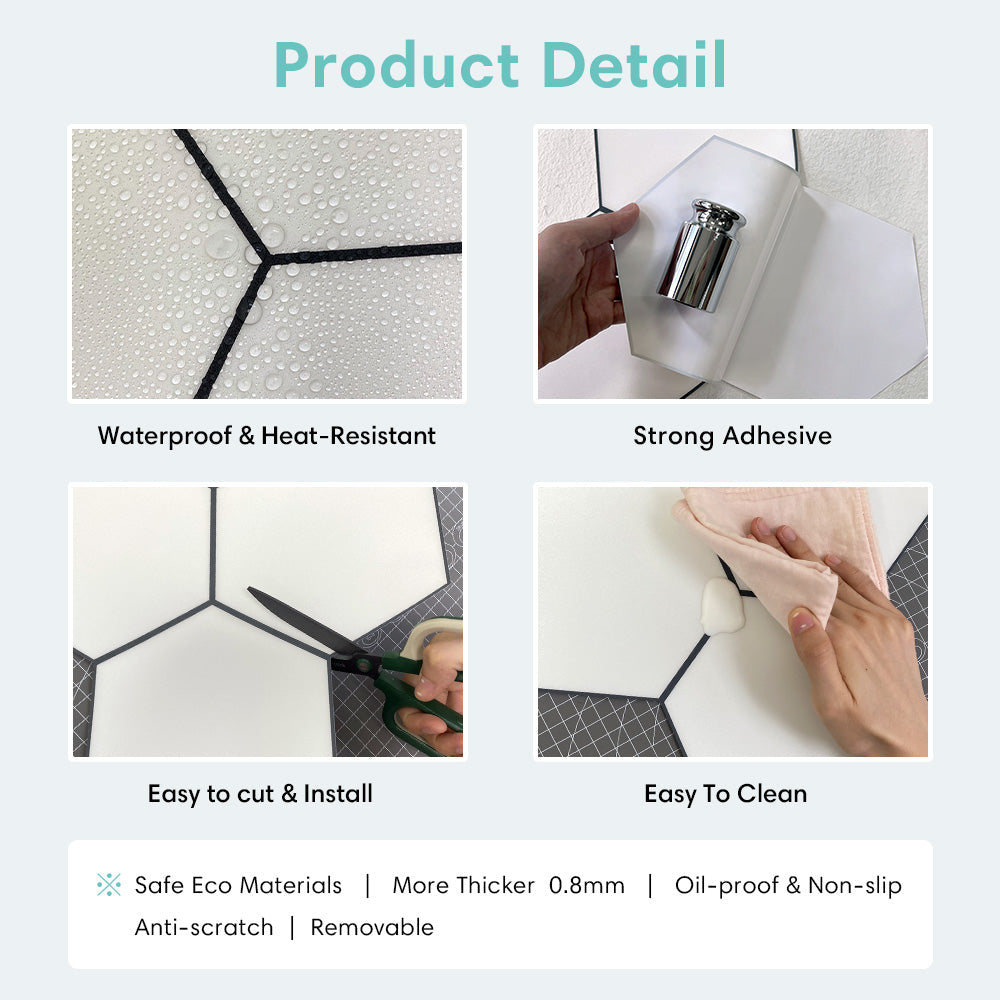 White Hexagon Peel and Stick Vinyl Floor Tile Sticker