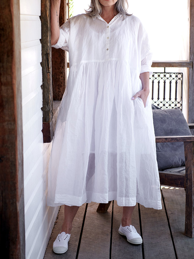 Vintage Pockets Pleated Oversize Maxi Dress