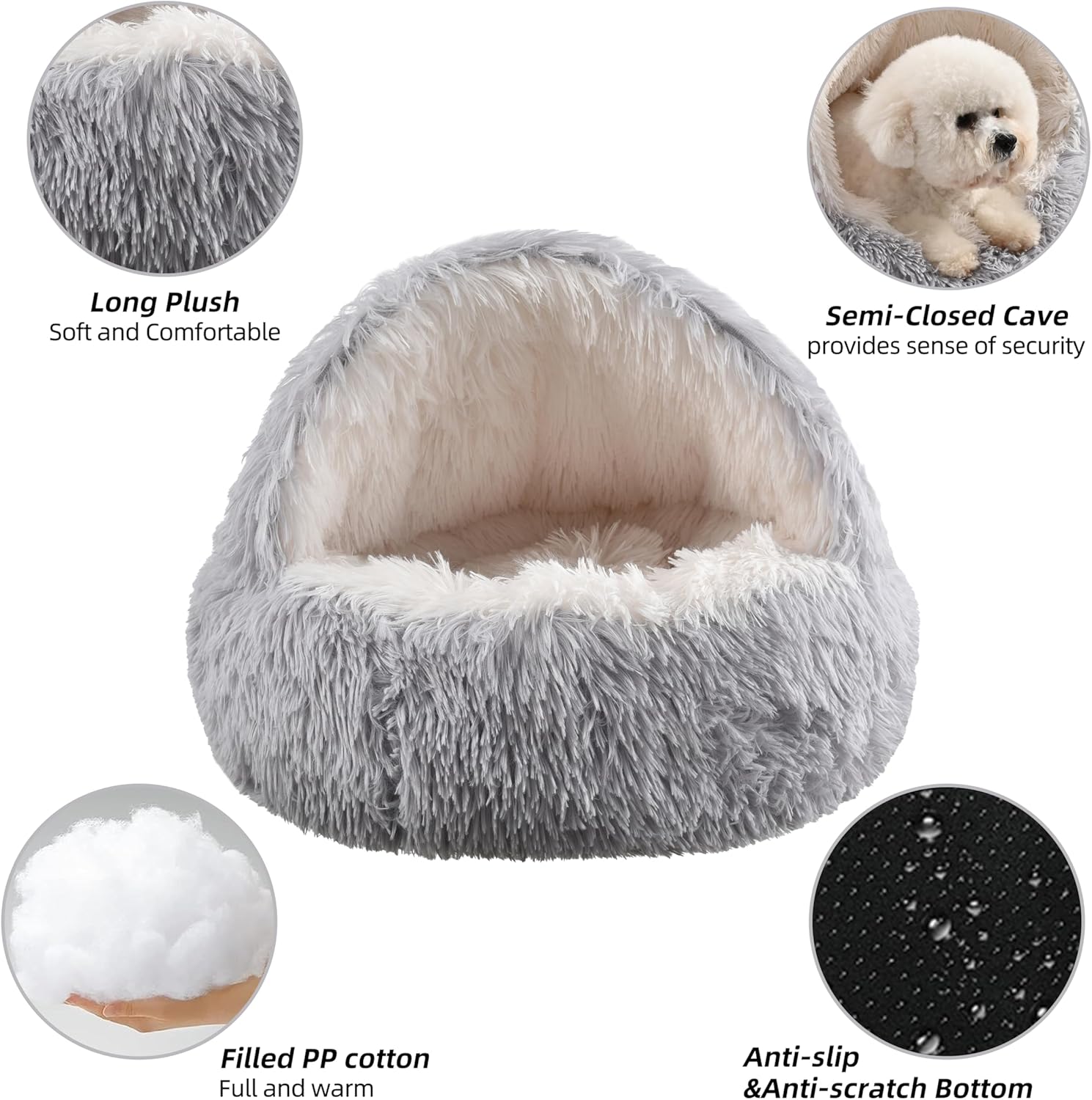 Cat Bed Round Plush Fluffy Hooded Calming Cat Bed Cave for Dogs&Cats