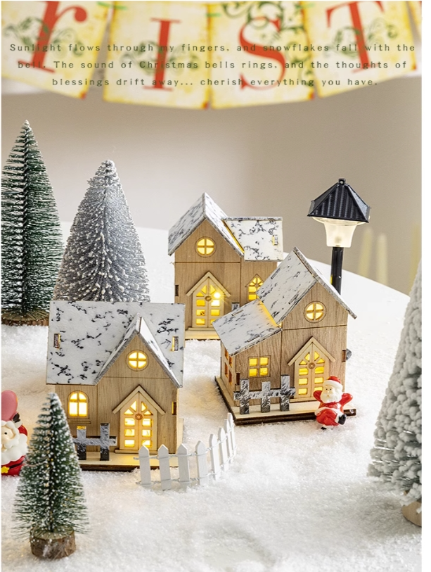 Christmas light up log cabin decoration Christmas tree micro landscape landscape town fireplace decoration scene layout