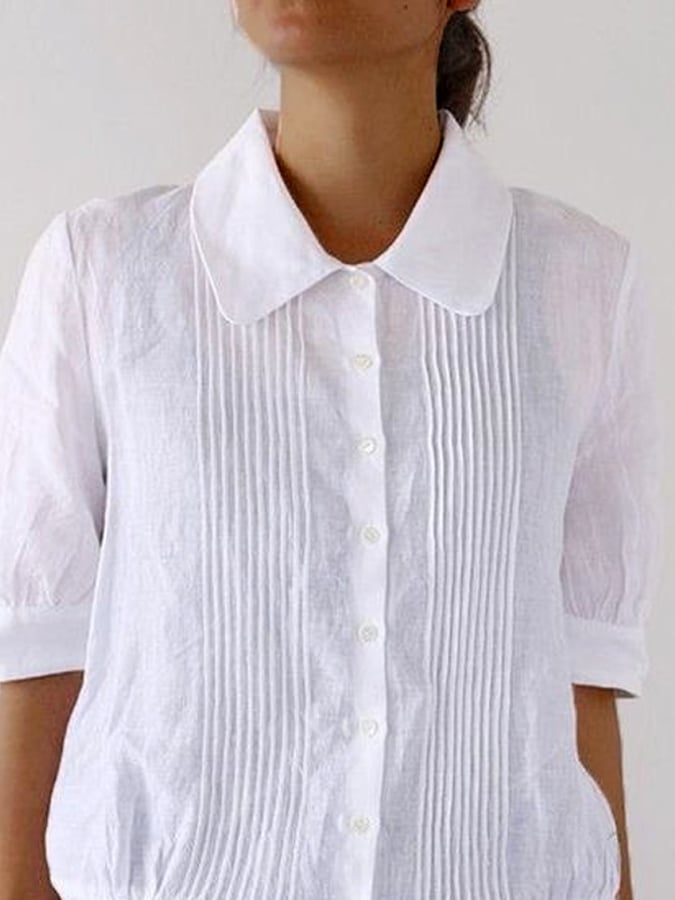 Women‘s Casual Pure Color Elegant Pleated Short-Sleeve Shirt