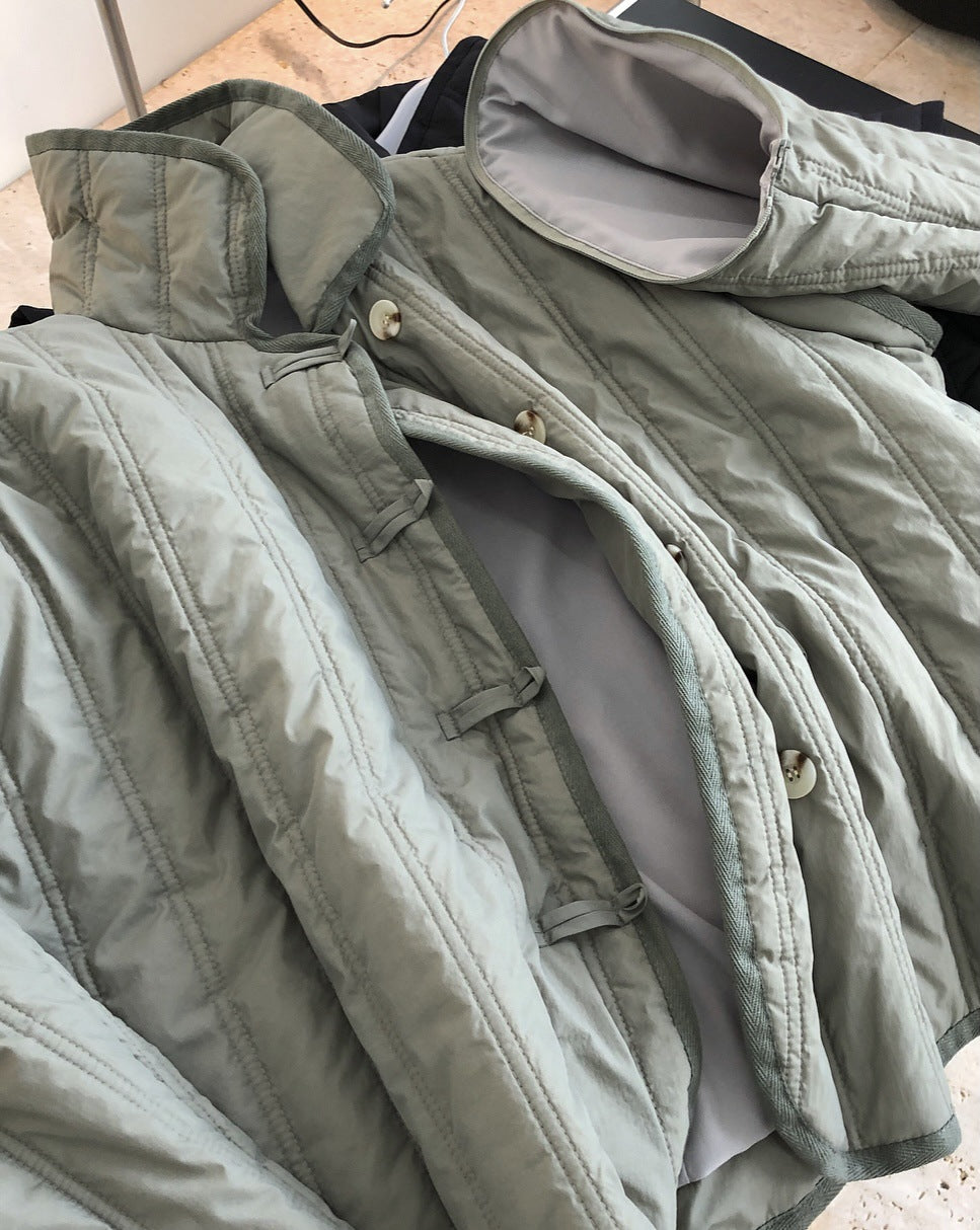 Winter Collared Cotton Padded Coat with Loop Buckle Loose Warm Comfortable Coat Women Thick