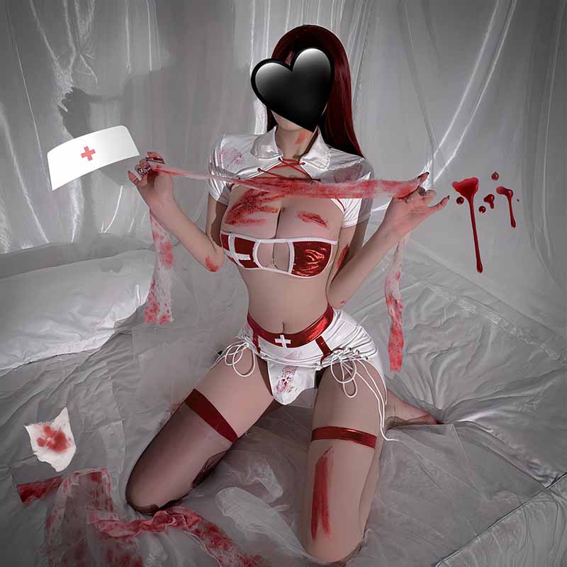 Cosplay Nurse Lace Up Hollow Out PU Lingerie Set