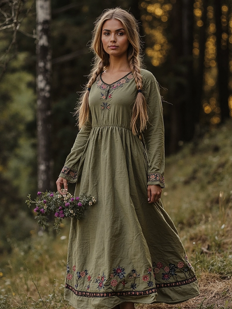 Women's Vintage Cotton Linen Embroidered Floral Dress