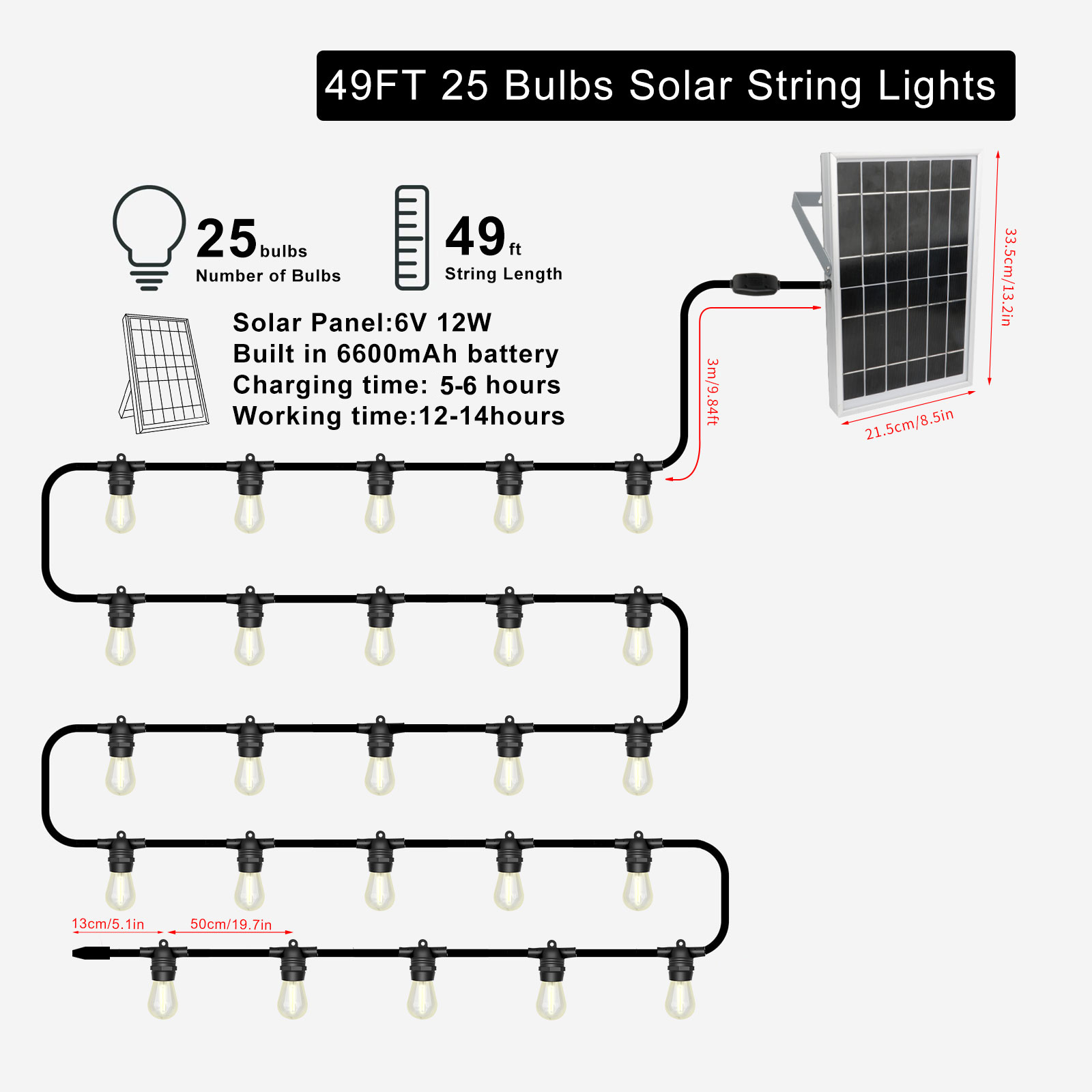 Solar String Lights Outdoor Waterproof LED Shatterproof 25FT/49FT Heavy Duty Outdoor String Lights Solar Powered With Plastic Hanging S14 Bulbs