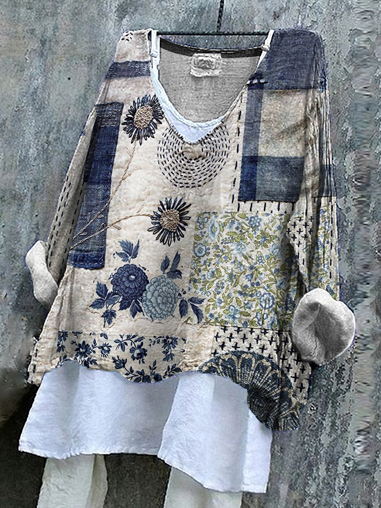 Floral Embroidered Japanese Sashiko Art Linen Blend Tunic
