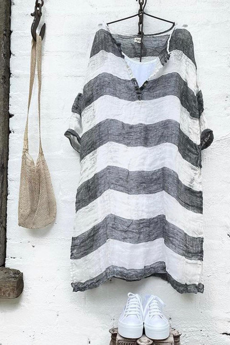 Casual V-Neck Striped Midi Dress
