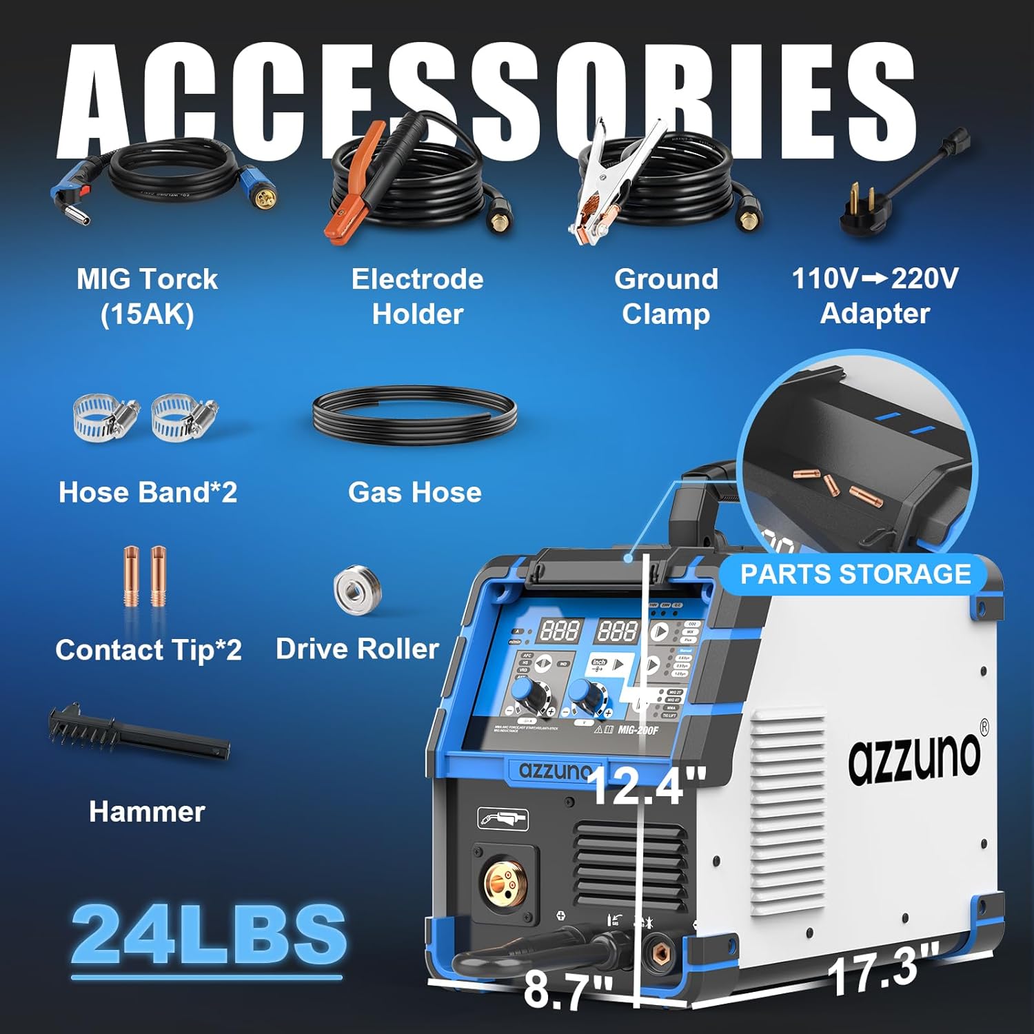 AZZUNO 200A MIG Welder 110V/220V Dual Voltage multiprocess welder Gas Gasless MIG Welding Machine