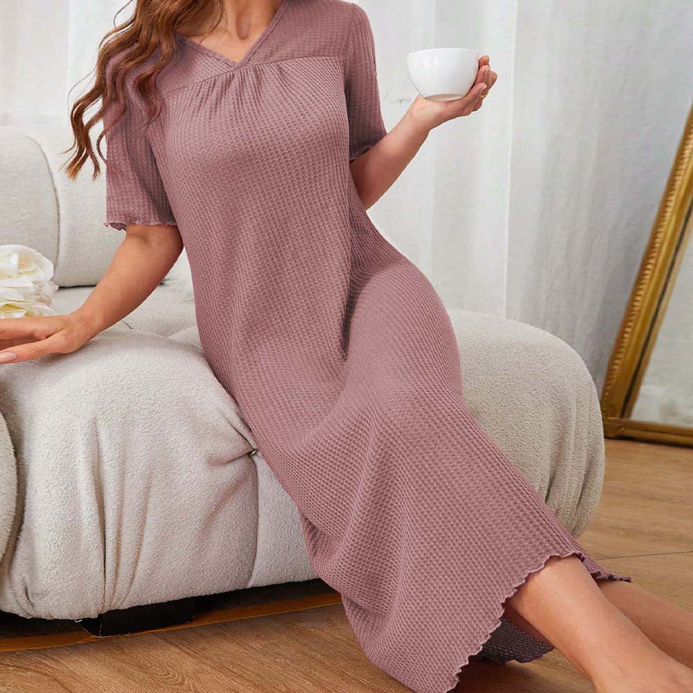 V neck One Step Summer Simple Comfortable High Grade Mid Length Night Dress Women