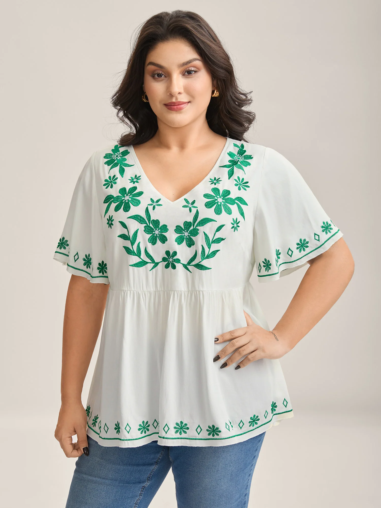 Floral Embroidery Flared Flowy Blouse