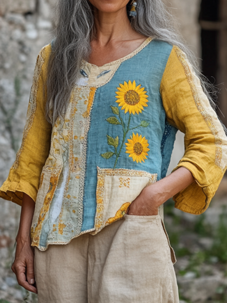 Retro Bohemian Art Patchwork Ukraine Sunflower Print Cotton And Linen Blend Loose Blouse
