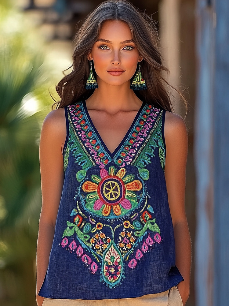 Women's Vintage Bohemian Art Linen Vest