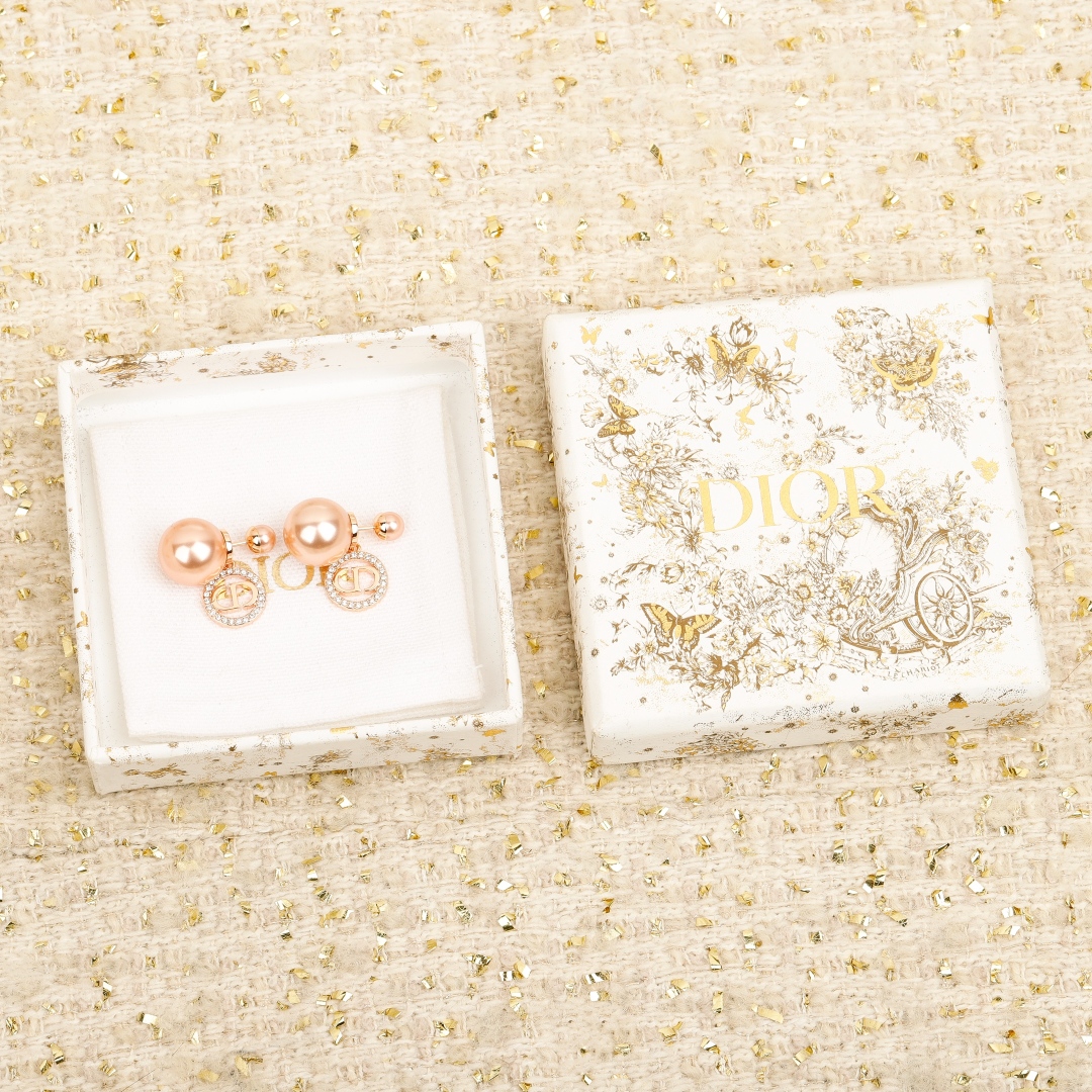 Dior Round Crystal CD Double Ball Pearl Earrings