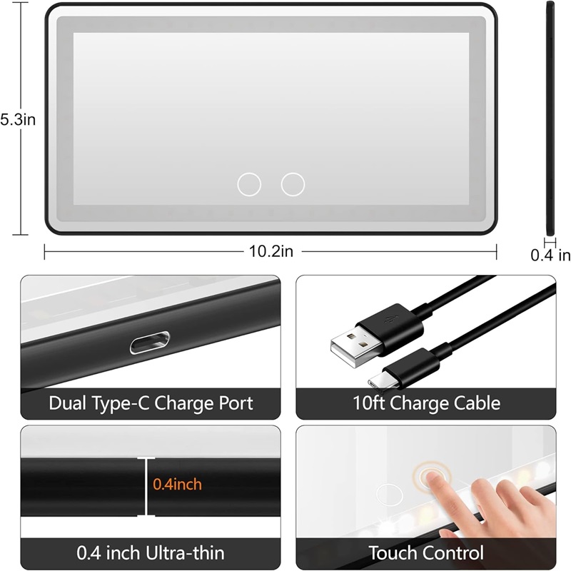 Car Sun Visor Vanity Mirror Rechargeable with Dimmable Touch Screen 3 Light Modes & 60 LEDs