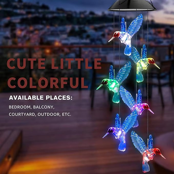 🎁🔥ON SALE - 45% OFF🔥Solar color-changing hummingbird wind chime-Rainbow Color Changing LED Lights,Six birds and it comes assembled.