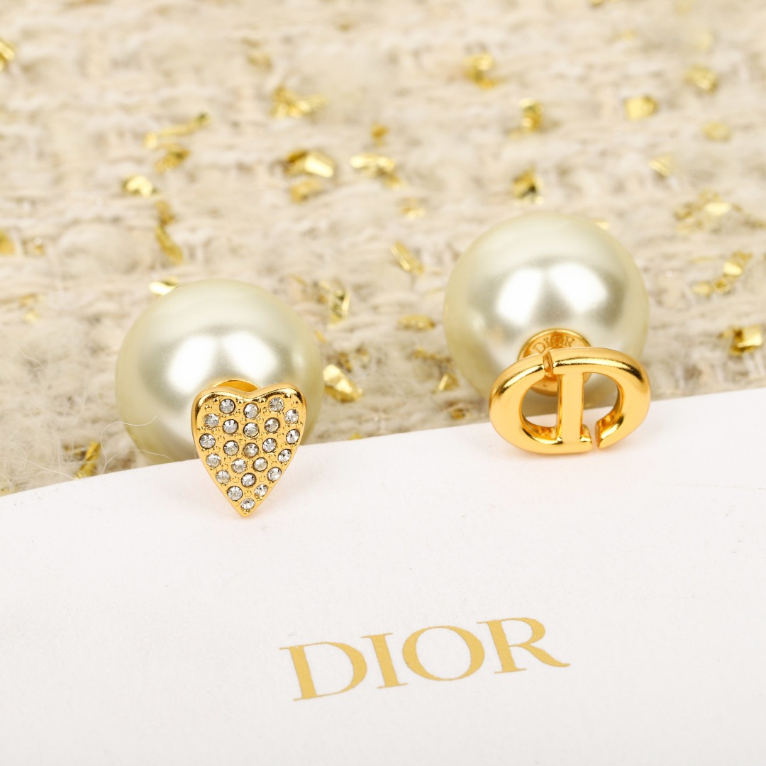 Dior full diamond heart pearl earrings