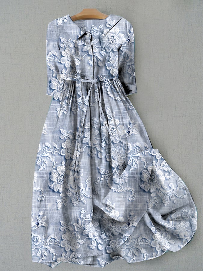 Women's Casual Floral Embroidery Print Lace-Up Dress