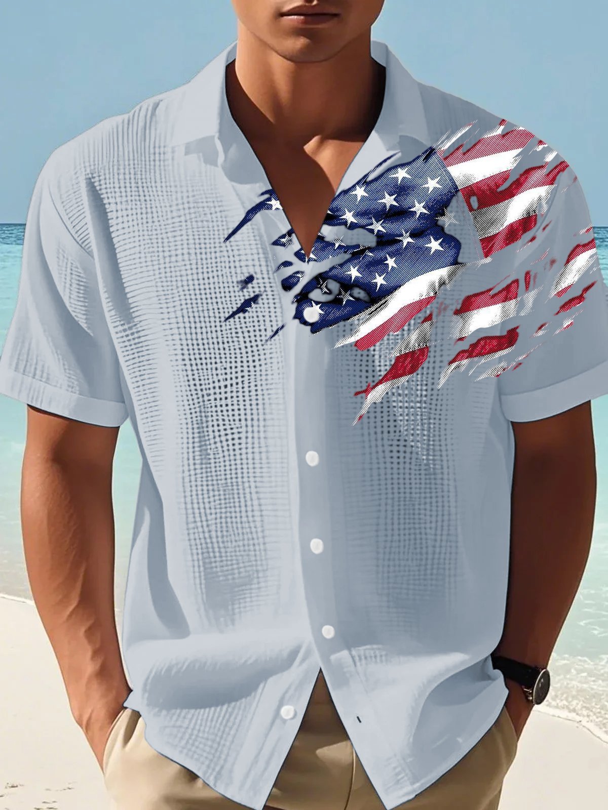 Men'S National Flag Printed Casual Waffle Shirt