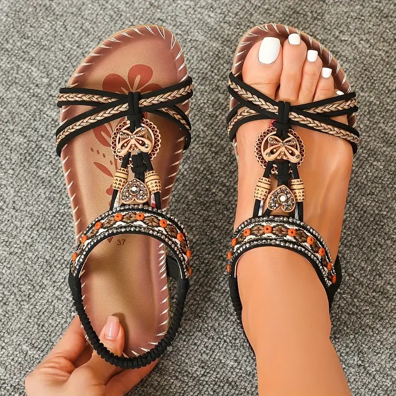 👣Women's rhinestone butterfly flat sandals, bohemian style open toe elastic summer sandals