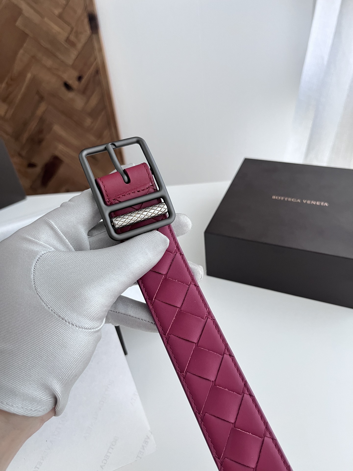 Bottega Veneta woven leather belt with rotating pin buckle, 3.5cm wide