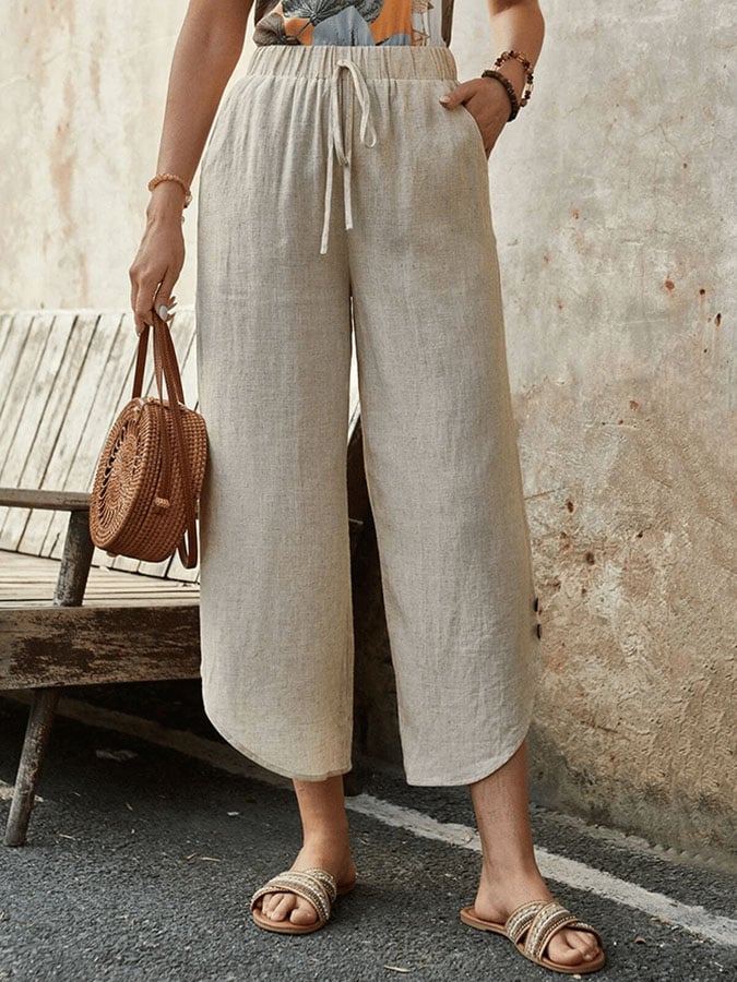Casual Elegant Cotton And Linen Lace-Up With Pockets Irregular Cropped Pants