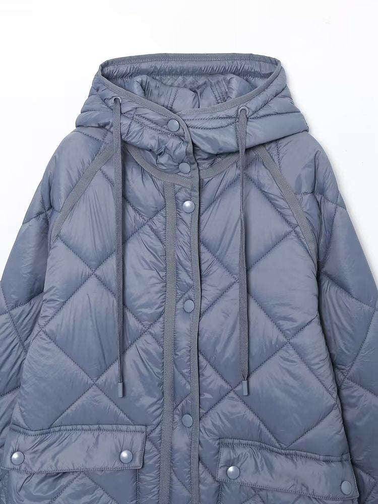 Women Clothing French Loose Slimming Diamond Long Version Cotton Coat Jacket