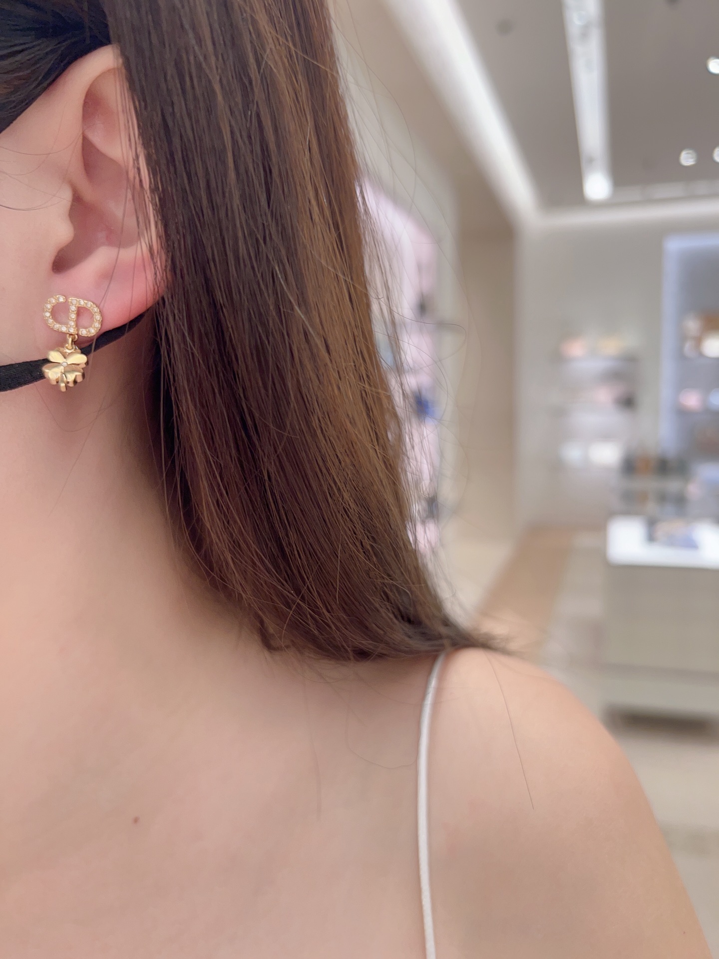 Dior Full Diamond CD Pendant Four-Leaf Clover Earrings