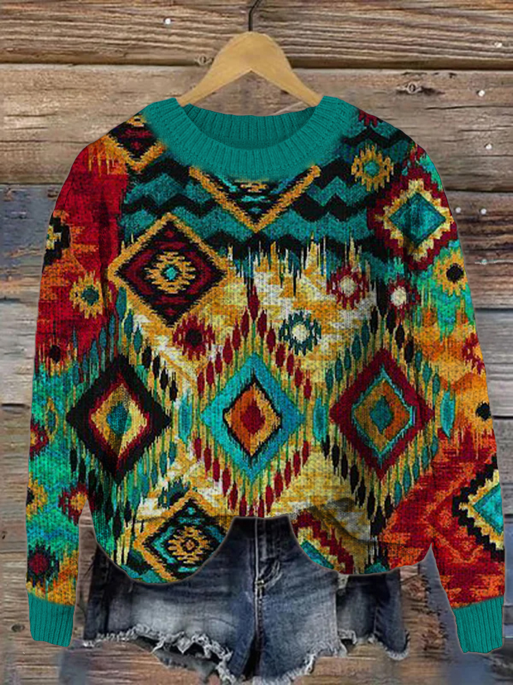 Western Boho Geometric Print Cozy Sweater