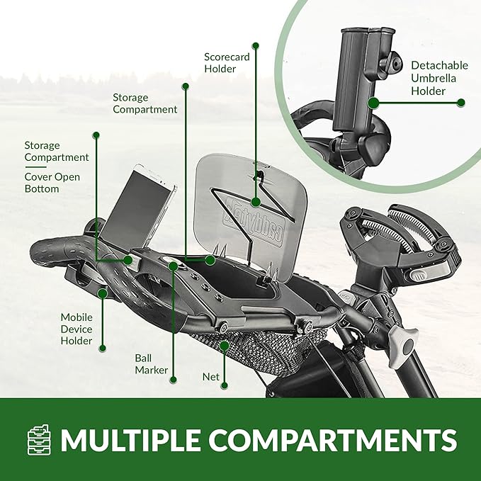 CaddyTek 3 Wheel Golf Push Cart - Foldable Collapsible Lightweight Pushcart with Foot Brake