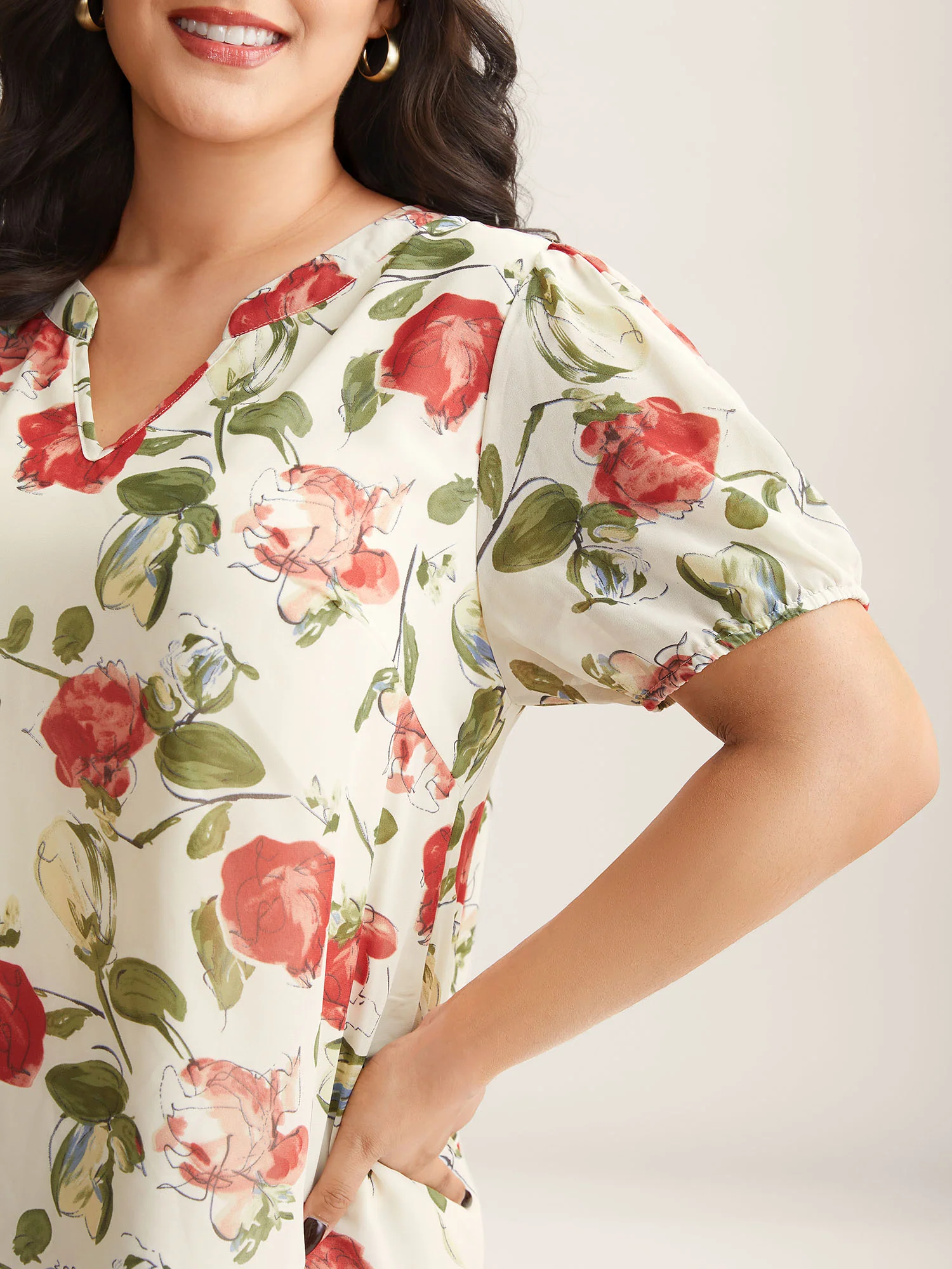 Rosy Print Sheer Notched Collar Blouse