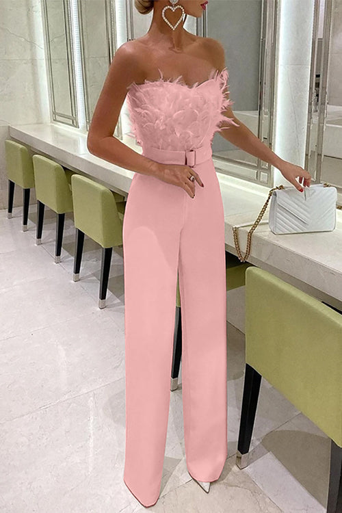 Heididress Off Shoulder Feather Splice Belted Jumpsuit