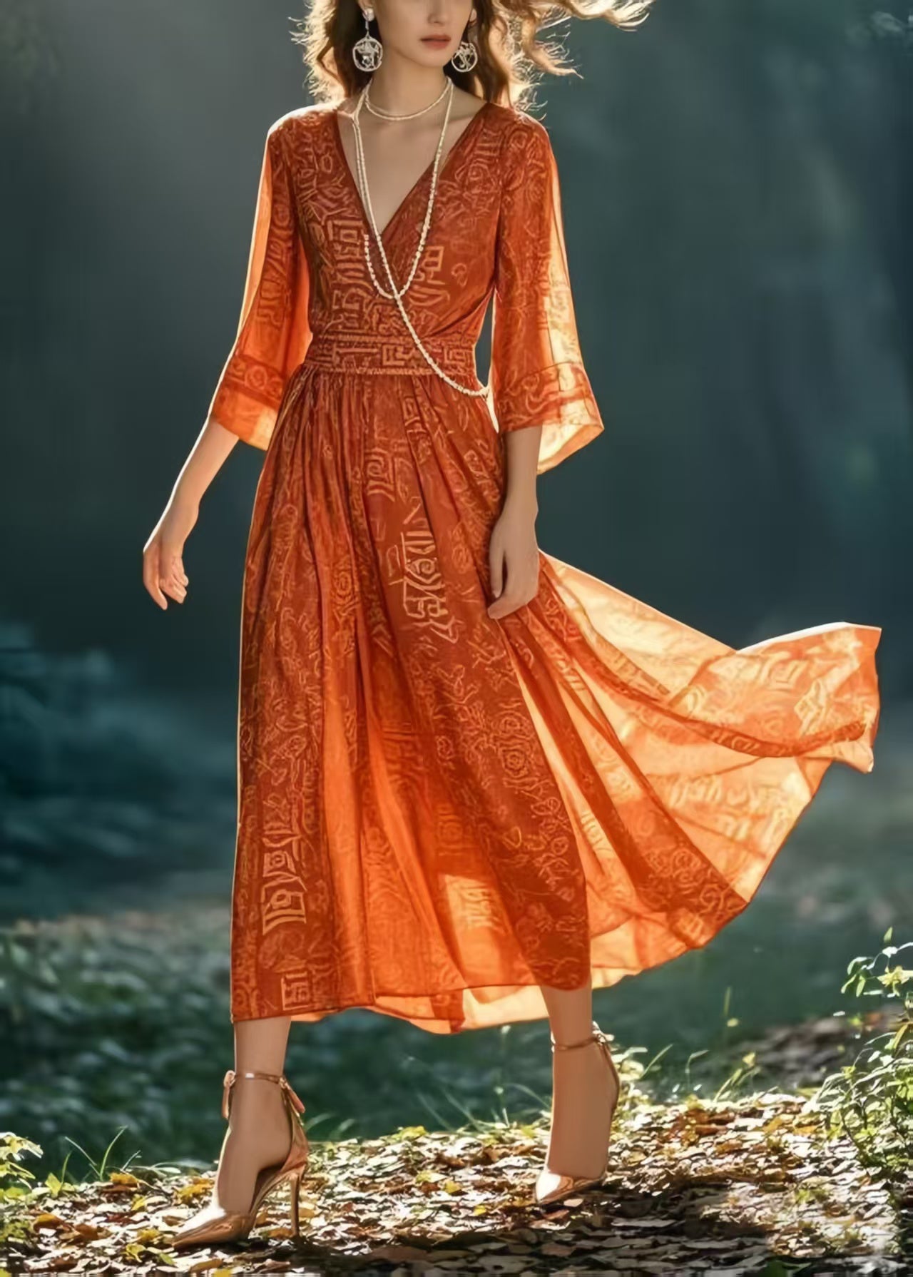 Italian Orange Print Chiffon Holiday Dresses Bracelet Sleeve