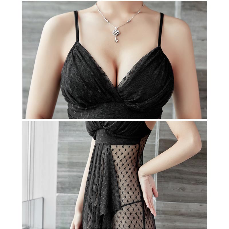 Deep V-neck Heart Lace See-through Slip Dress