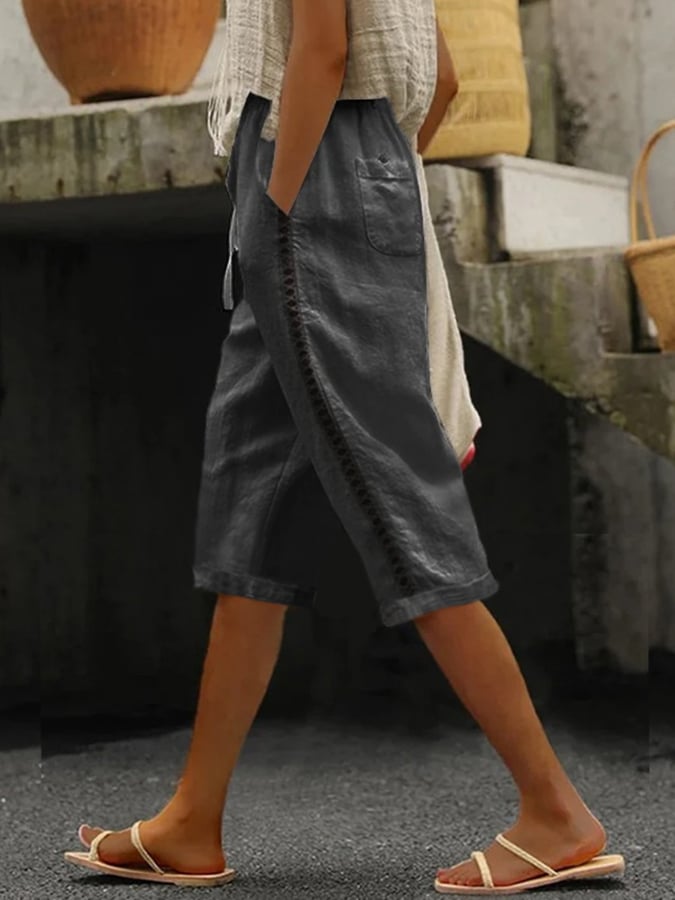 Cotton And Linen Side Lace Hollow Stitching Casual Five-Point Pants