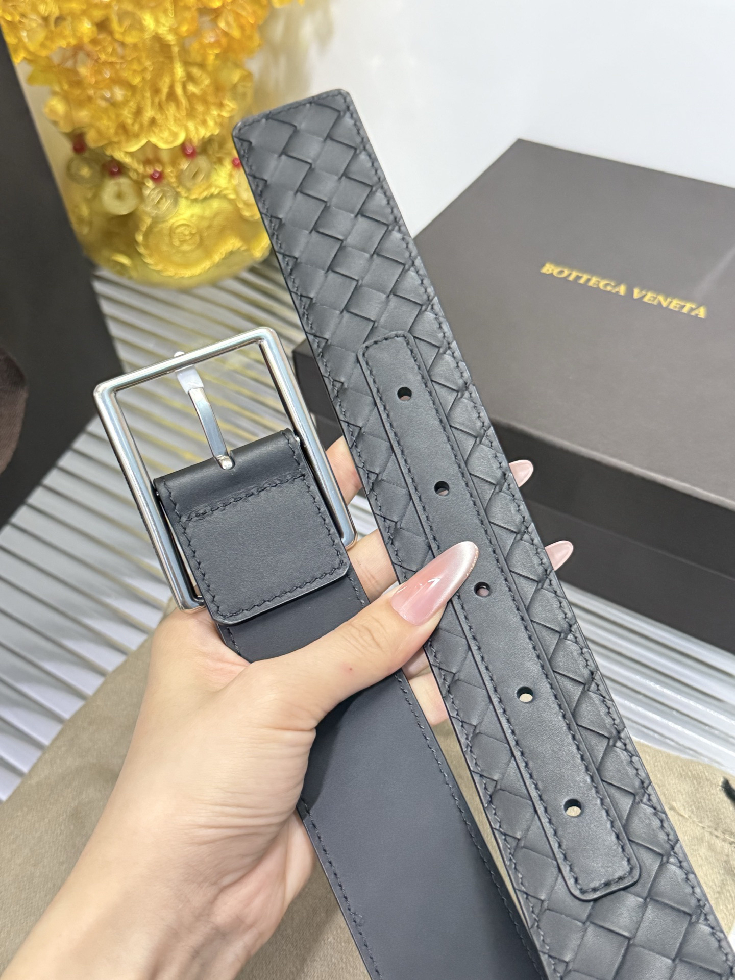 Bottega Veneta pin buckle classic woven leather belt width 4.0cm