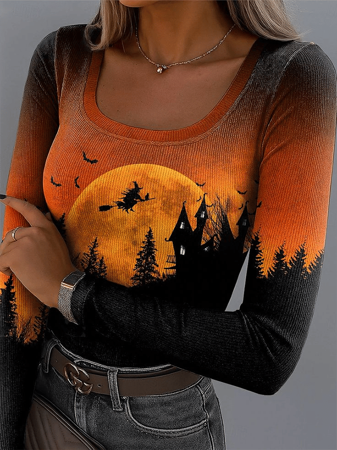 🔥Buy 3 Get 10% Off🔥Women's Halloween Design Retro Fashion Classic Long-Sleeved Square Neck Pit Strip Fabric Long-Sleeved T-Shirt