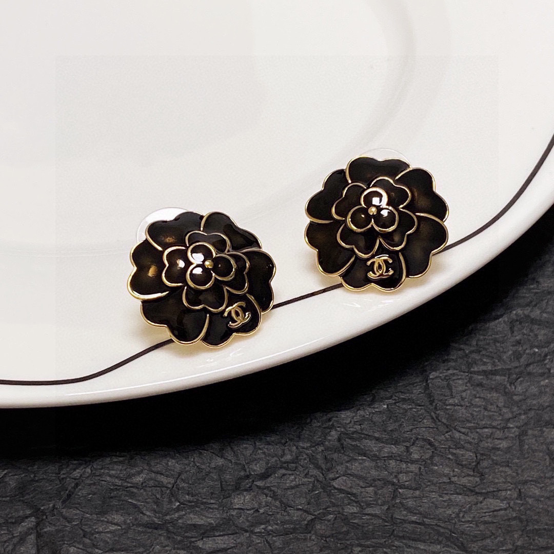 Chanel Black and White Camellia Earrings