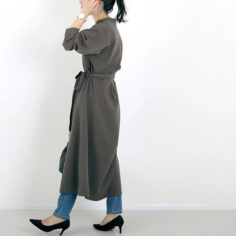 Autumn Winter Shirt Base Dress Women Solid Color Loose Casual V neck Maxi Dress