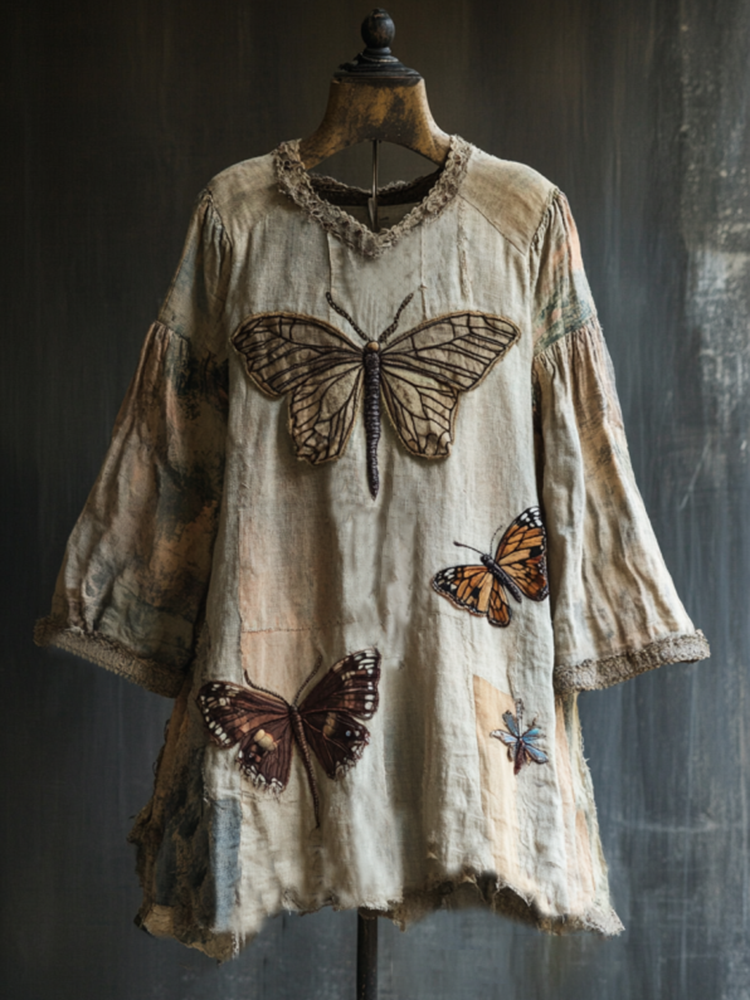 Vintage Butterfly And Dragonfly Embroidery Linen V Neck Dress