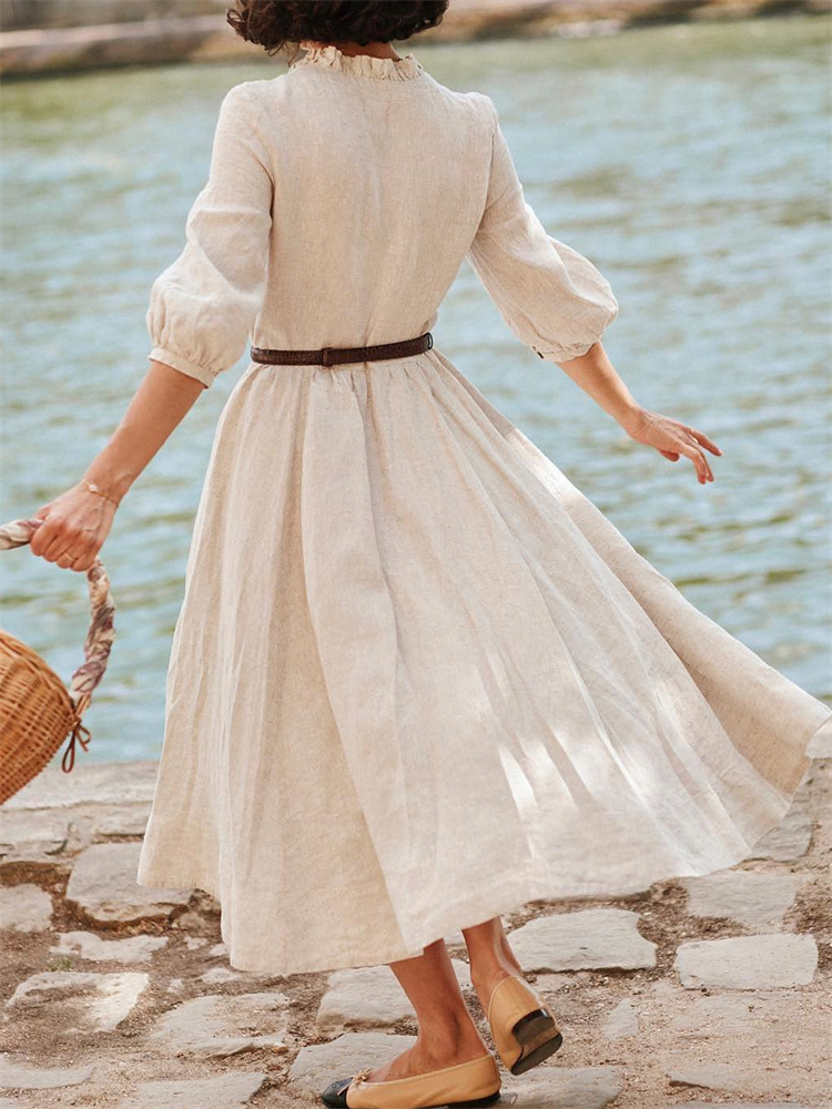 Vintage Classy Ruffle Hem Puff Sleeve Maxi Dress