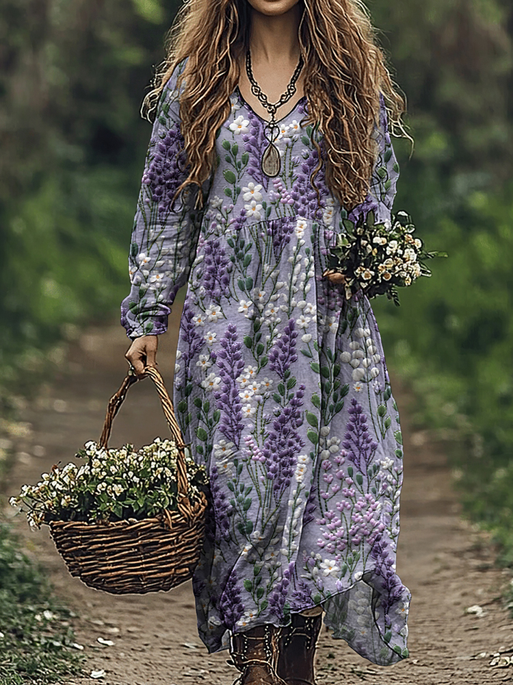 Vintage Botanical Floral Embroidery Women's Linen Maxi Dress