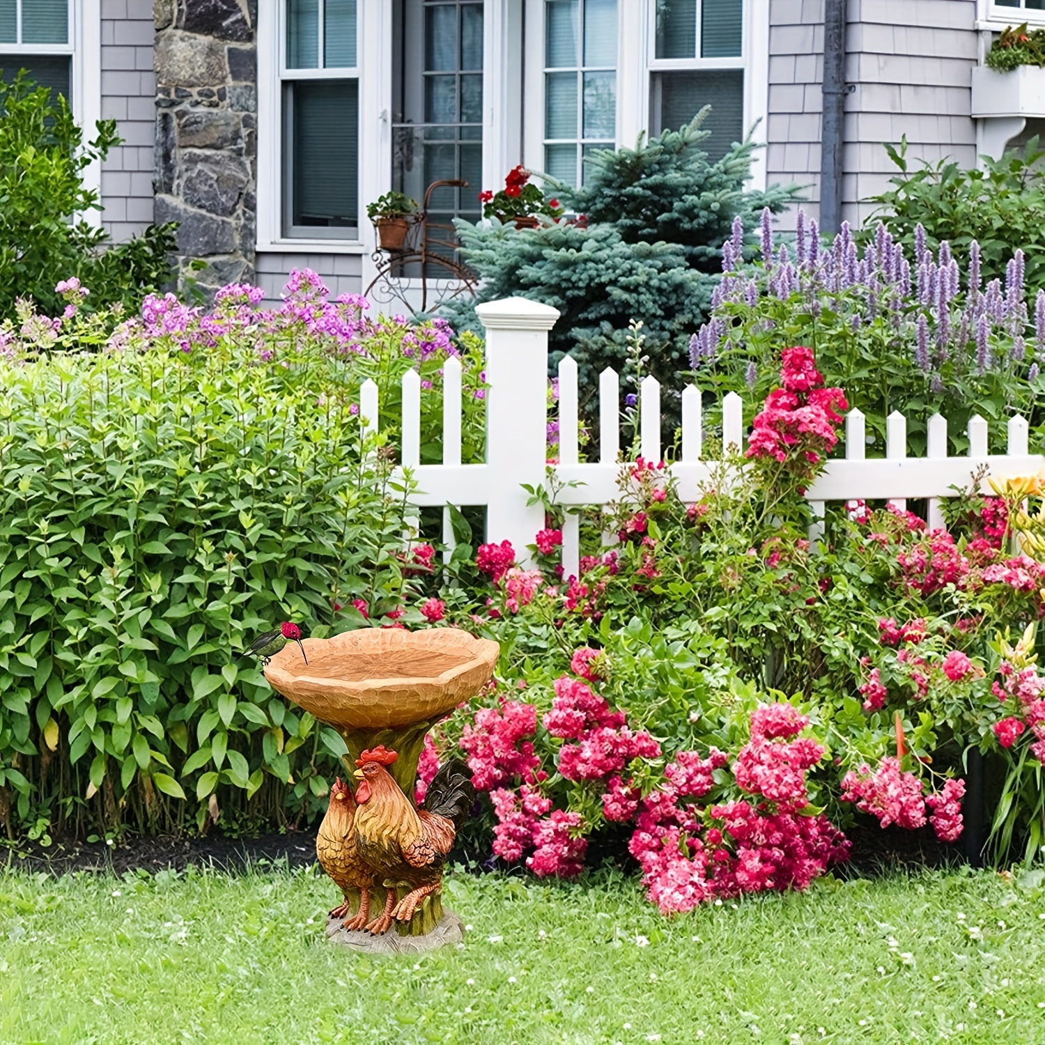 1pc Chicken Resin Statue Bird Feeder, Garden Yard Patio Lawn Outdoor Decoration Fairy Garden Accessories