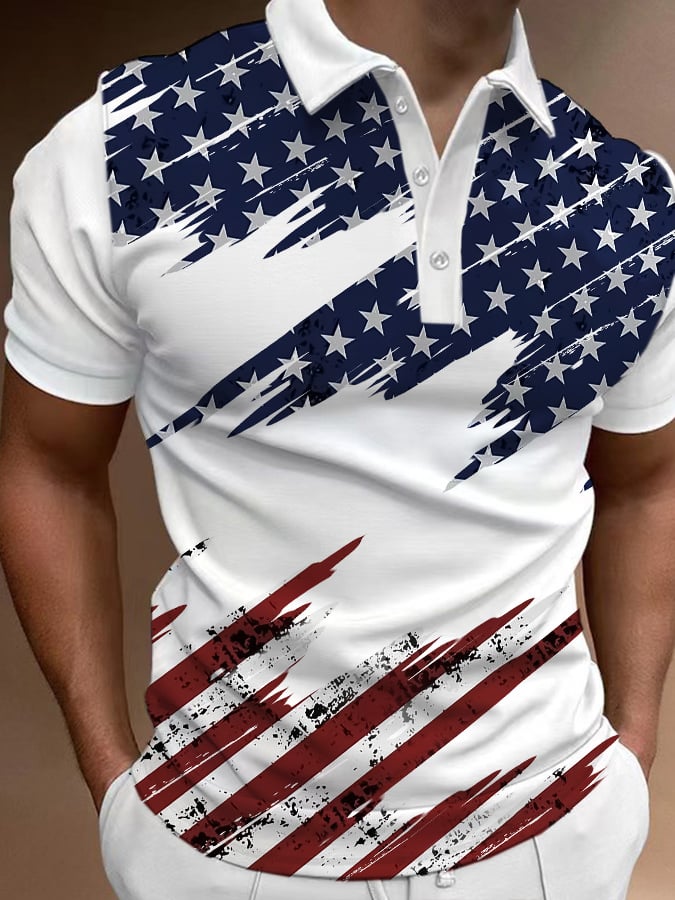 Men's Retro Flag Print Casual  Polo Shirt
