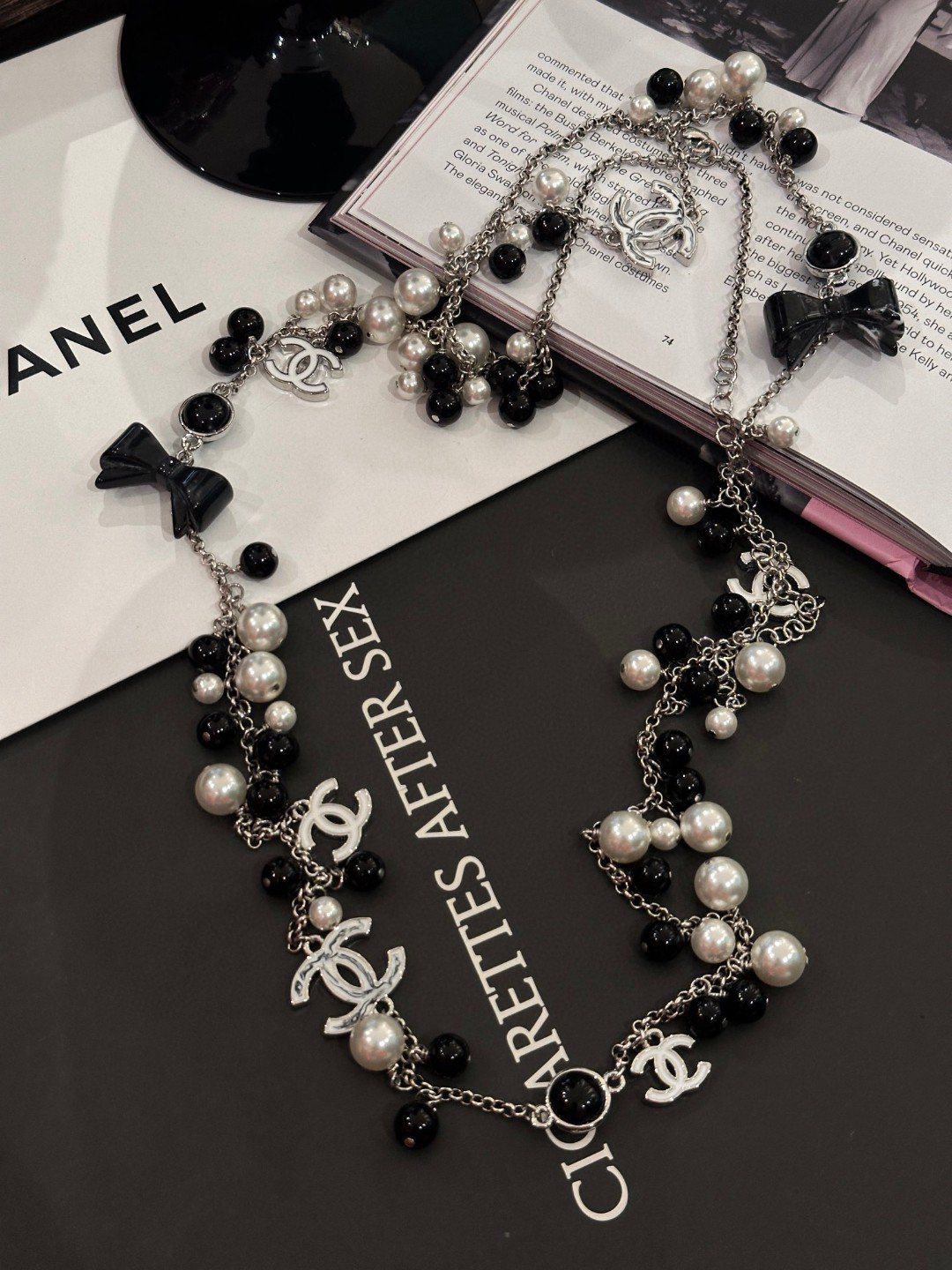 Chanel Black Bow Double C Sweater Chain