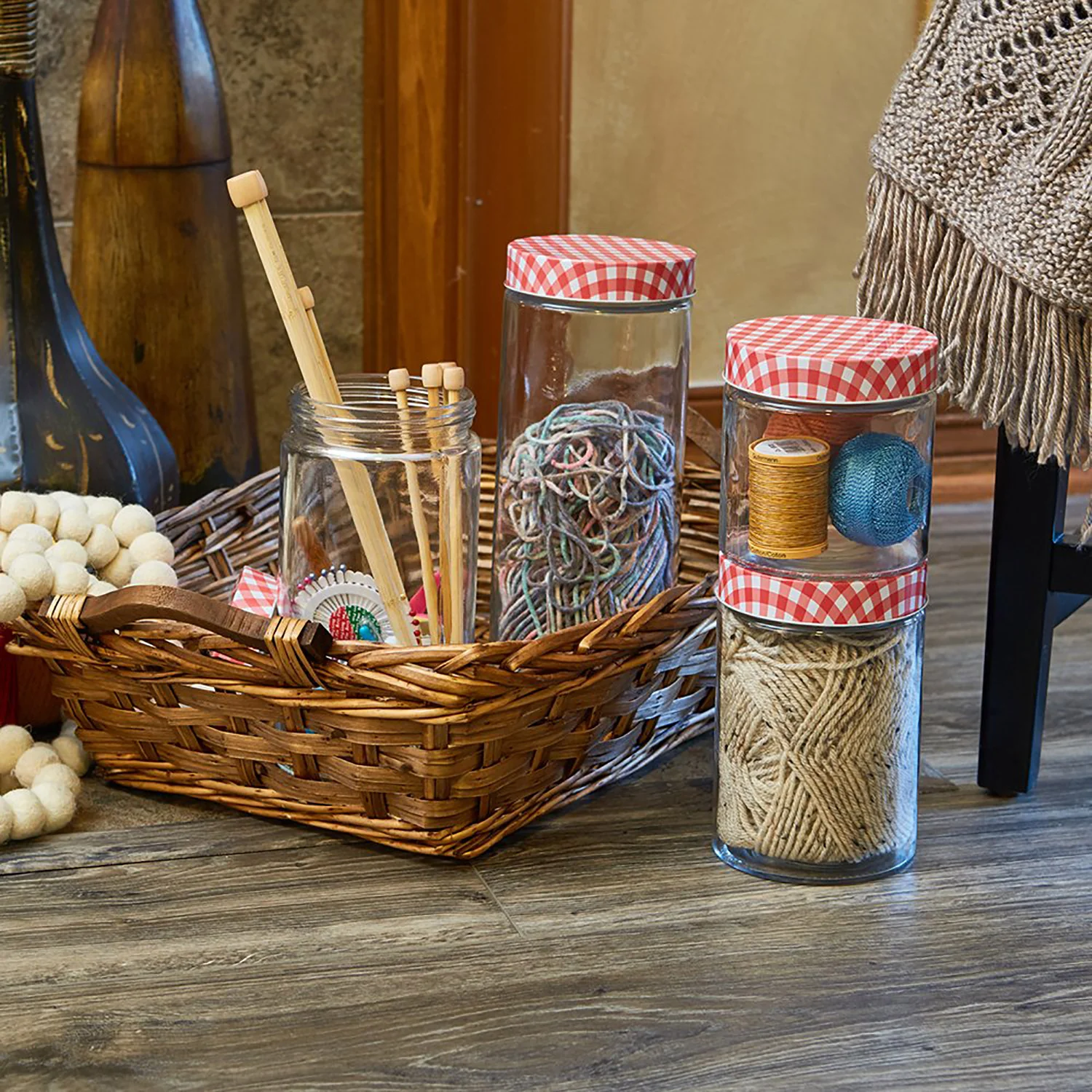 Anchor Hocking 4-Piece Glass Cylinder Jar Set with Gingham Lids, Clear-Red