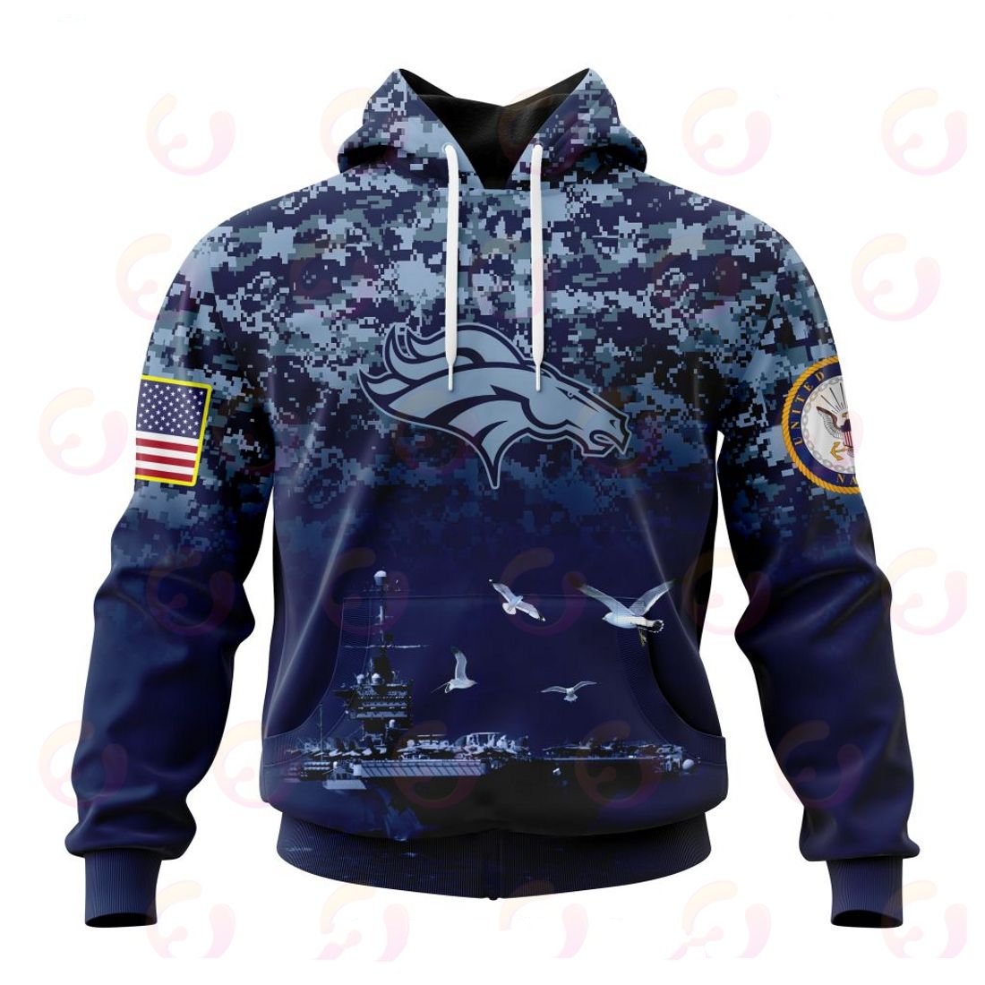 DENVER BRONCOS 3D HOODIE HONOR US NAVY VETERANS